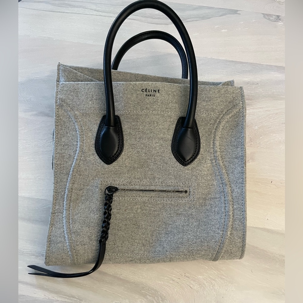 CELINE Phantom Tote Bag in grey felt and black leather EUC
